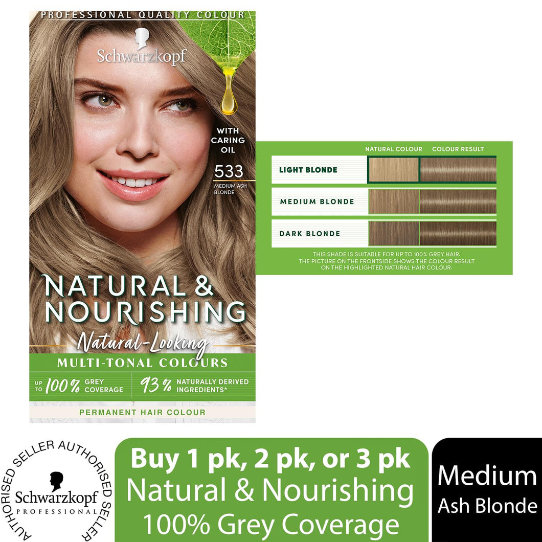 Schwarzkopf Natural & Nourishing HairDye, 533 Medium Ash Blonde, 1pk, 2pk or 3pk