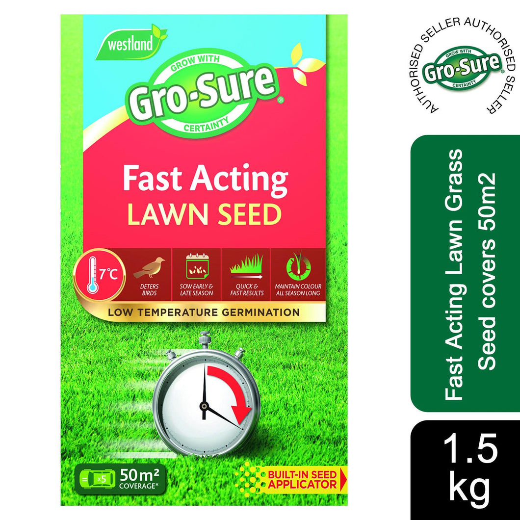 Gro-sure Fast Acting Lawn Grass Seed covers 50m2, 1.5Kg Box