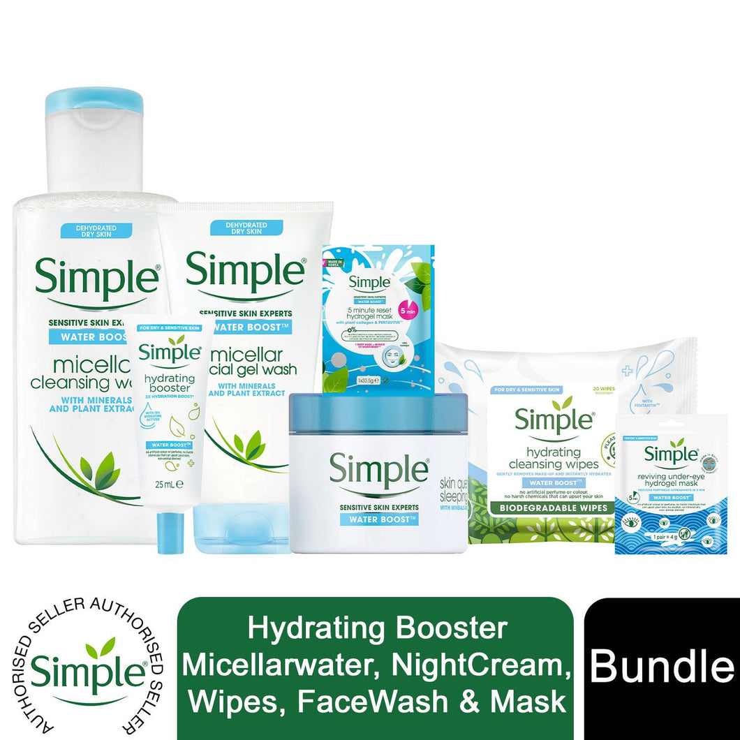 Simple Hydrating Booster Bundle Micellarwater,NightCream,Wipes,FaceWash & Mask