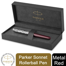 Load image into Gallery viewer, Parker Sonnet Rollerball Pen Metal Red Satin Chrome Trim Fine Black Ink Gift Box