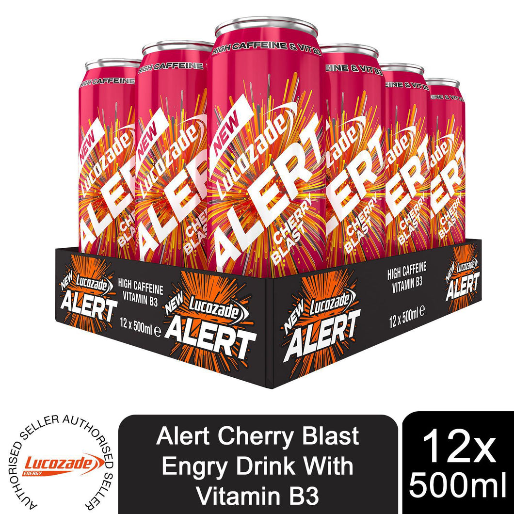 Lucozade Alert Cherry Blast High Caffeine VIT-B3 Fat-Free Energy Drink, 12x500ml