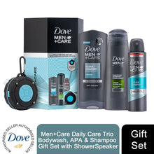 Load image into Gallery viewer, Dove Men+Care DailyCare Trio Bodywash, APA &amp; Shampoo Gift Set with ShowerSpeaker