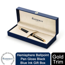 Load image into Gallery viewer, Waterman Hemisphere Ballpoint Pen Gloss Black Gold Trim Blue Ink Gift Box