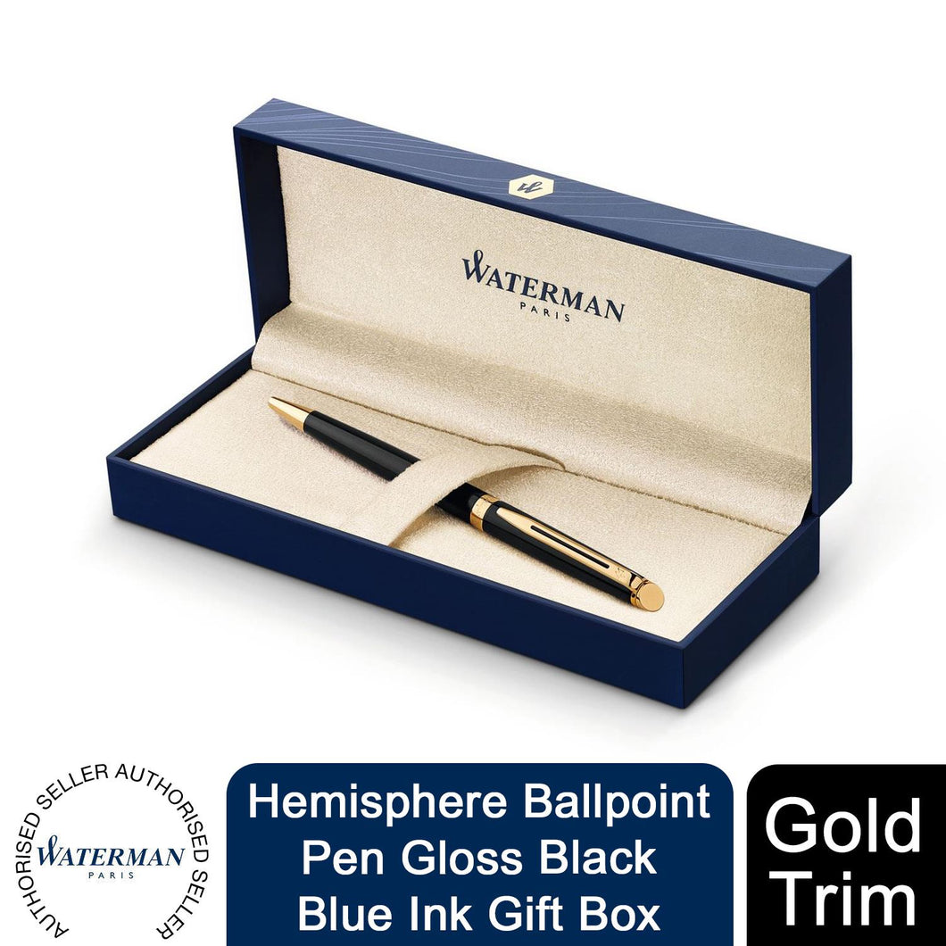 Waterman Hemisphere Ballpoint Pen Gloss Black Gold Trim Blue Ink Gift Box