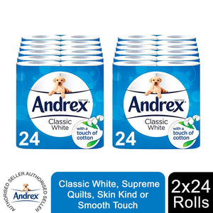 Andrex Toilet Roll Classic White Fragrance-Free 2 Ply Toilet Paper, 48 Rolls