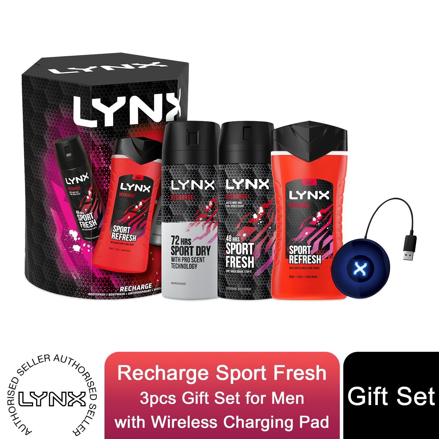 Lynx Recharge Sport Fresh 3pcs Gift Set For Men with Wireless Charging ...