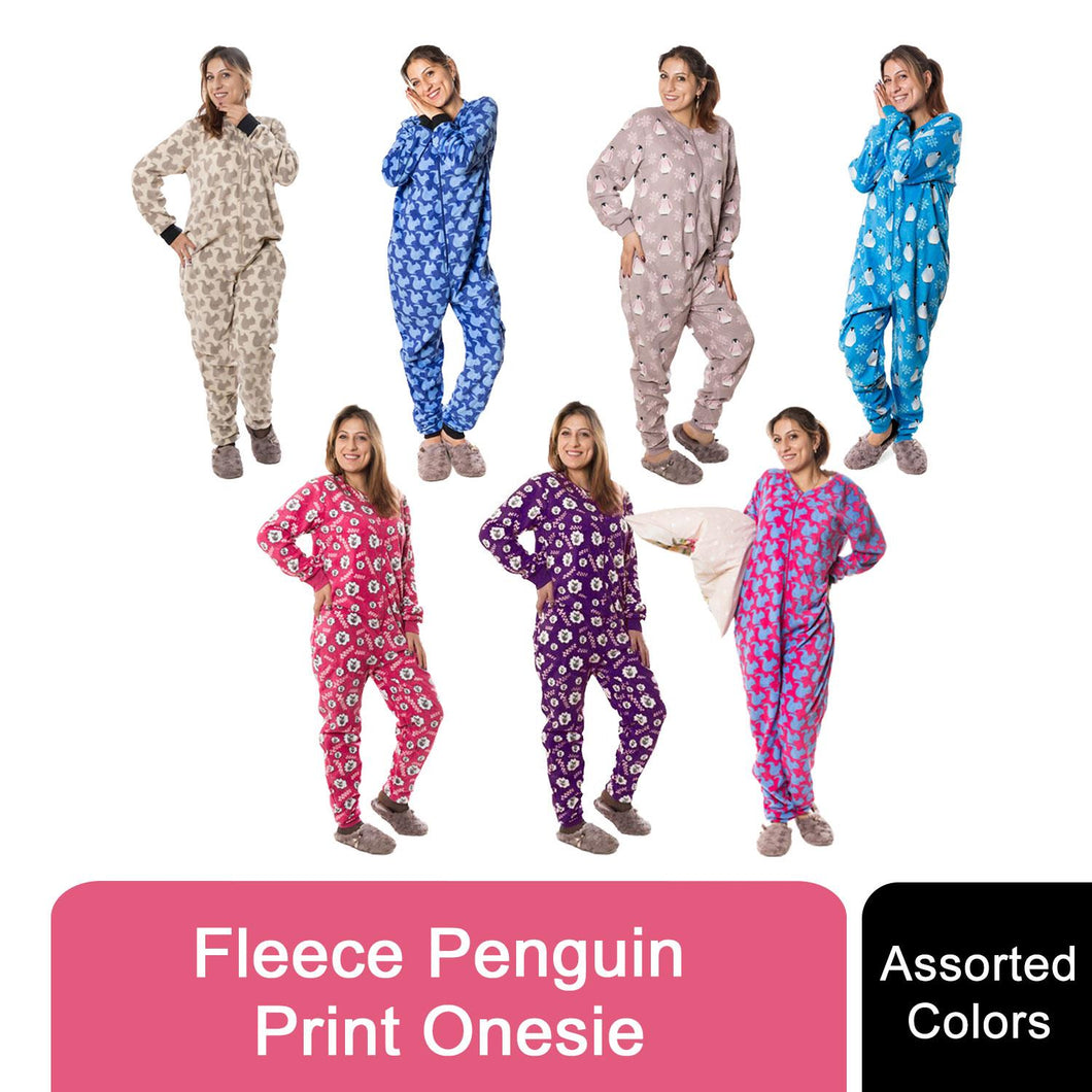 Women's Fleece Penguin Print Jumpsuit, Assorted