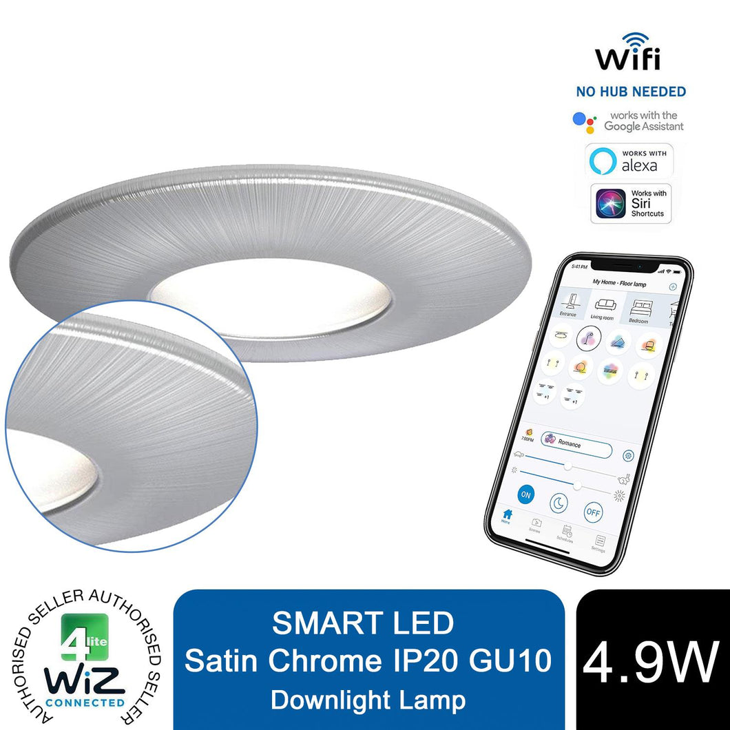 4lite WiZ Connected GU10 Smart LED Bulb with Satin Chrome Downlight (IP20)