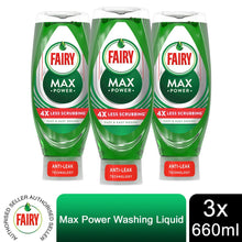 Load image into Gallery viewer, Fairy MaxPower 4x Less Scrubbing Washing Up Liquid for Tough Stains, 3x660 ml