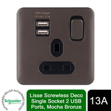 Load image into Gallery viewer, Schneider Electric Lisse Screwless Deco Single Socket +2 USB Ports, Mocha Bronze