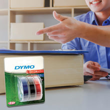Load image into Gallery viewer, DYMO Vinyl Labels Embossing Tape Red Green or Blue 9mm x 3m Each 3 Rolls