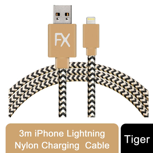 Aquarius 3m Phone Lightning Nylon USB Wire Braided Cable, Tiger