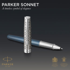 Parker Sonnet Ballpoint Pen Premium Blue Chrome Trim Fine Black Ink Gift Box