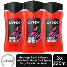 Load image into Gallery viewer, 3pk of 250ml Lynx 12hrs Refreshing Fragrance Shower Gel with 100% Moisturisers