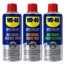 Load image into Gallery viewer, WD-40 Motorcycle Trio Bundle of Chain Wax, Chain Cleaner, and Silicone Shine