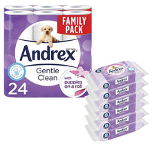 Load image into Gallery viewer, Andrex Toilet Paper Gentle Clean, 24 Rolls &amp; Andrex Washlets Gentle Clean, 6pk