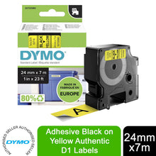 Load image into Gallery viewer, DYMO Labels Self Adhesive D1 24mm x 7mm Black Print on Yellow Tape Authentic
