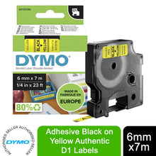 Load image into Gallery viewer, DYMO Labels Self Adhesive D1 6mm x 7mm Black Print on Yellow Tape Authentic
