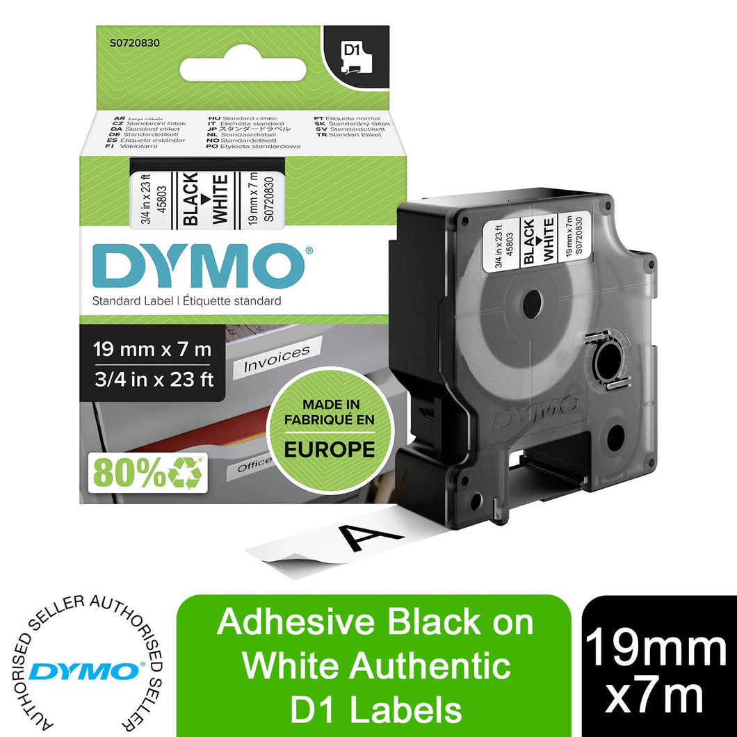 DYMO Labels Self Adhesive D1 19mm x 7mm Black Print on White Tape Authentic