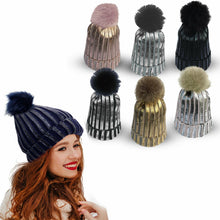 Load image into Gallery viewer, Ribbed Knit Winter Beanie Bobble Hat with Stylish Metallic Foil - Assorted
