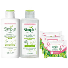 Load image into Gallery viewer, Simple Kind to skin Bundle of Eye Makeup Remover, Light Moisturiser &amp; Wipes