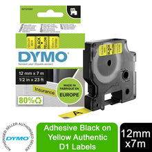 Load image into Gallery viewer, DYMO Labels Self Adhesive D1 12mm x 7mm Black Print on Yellow Tape Authentic