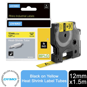DYMO Rhino Heat Shrink Label Tubes Self Adhesive 12mm x 1.5m Black on Yellow