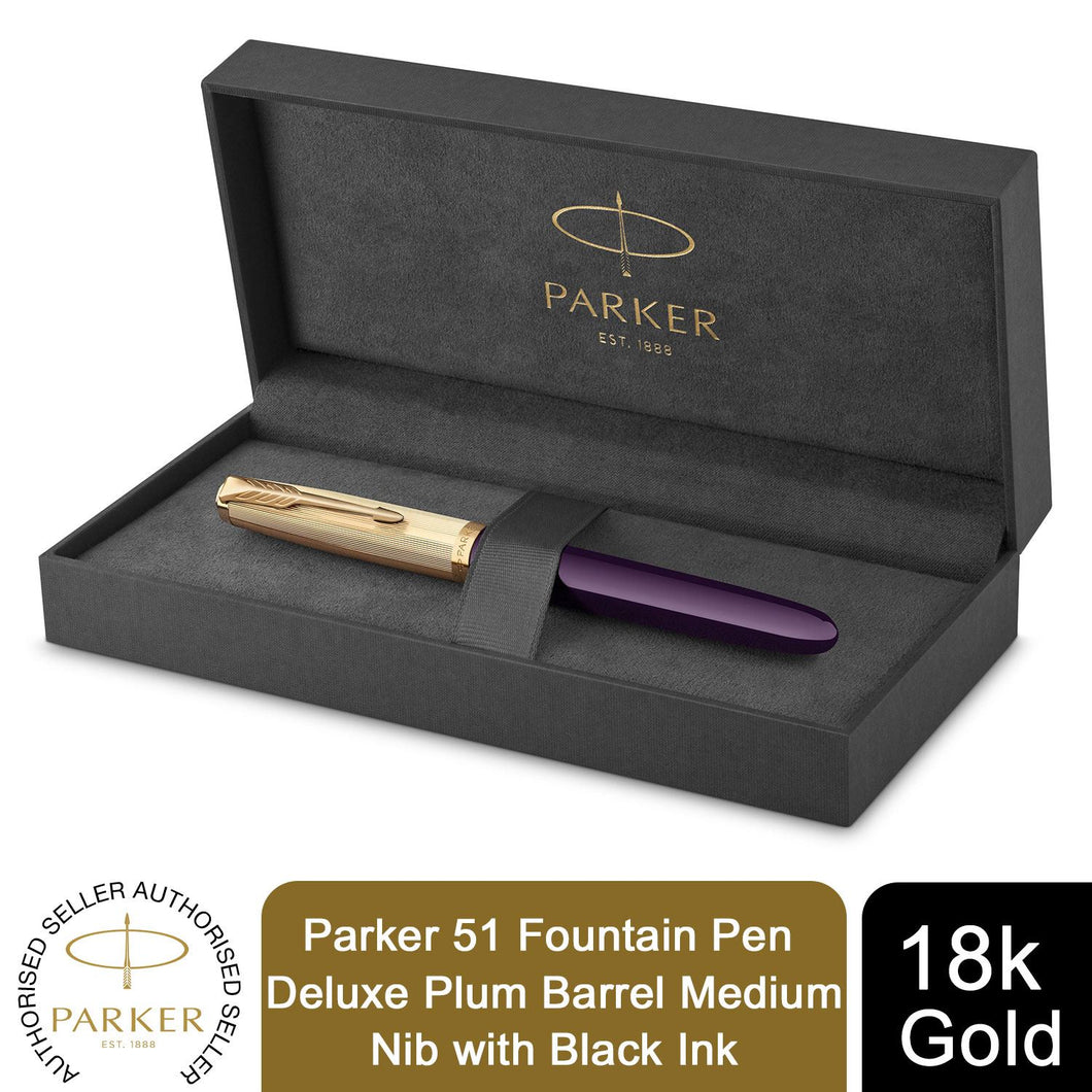 Parker 51 Fountain Pen Delux Plum Medium 18k Gold Nib Black Ink Gift Box