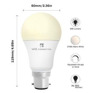 WiZ LED A60 Smart Bulb Wifi BC (B22) Warm White & Dimmable, 1 Pack