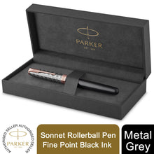 Load image into Gallery viewer, Parker Sonnet Rollerball Pen Metal Grey Satin Rose Gold  Fine Point Black Ink