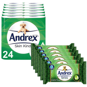 Andrex Toilet Paper Skin Kind, 24 Rolls & Andrex Washlets Skin Kind Wipes, 6pk