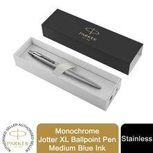 Load image into Gallery viewer, Parker Jotter Ballpoint Pen Monochrome Stainless Medium Nib Blue Ink XL Gift Box