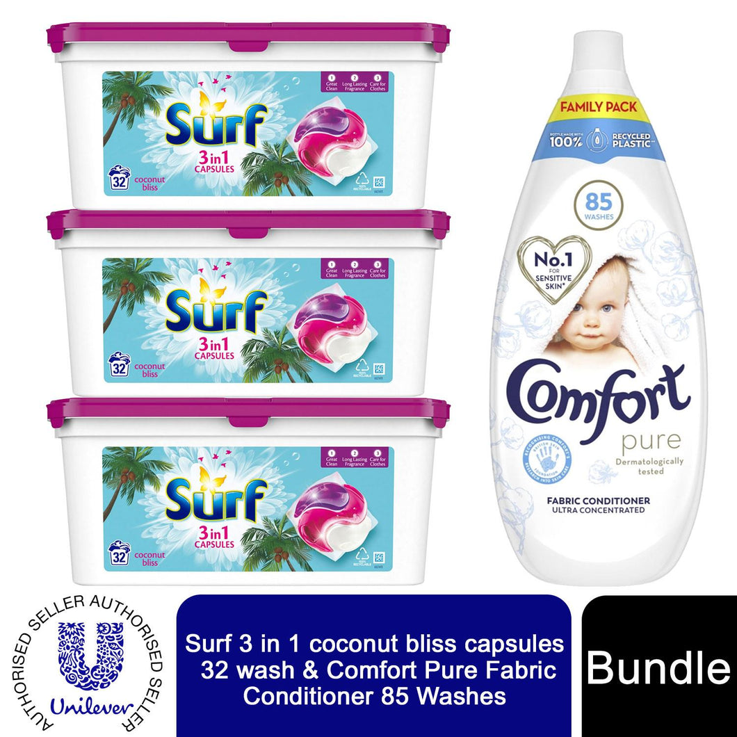 96W(32Wx3)Surf Coconut Bliss LaundryCapsule & 85WComfort Pure Fabric Conditioner