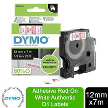 Load image into Gallery viewer, DYMO Labels Self Adhesive D1 12mm x 7mm Red Print on White Tape Authentic