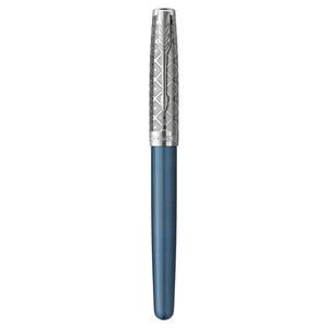 Parker Sonnet Fountain Pen Blue Chrome Trim Fine 18K Gold Nib Black Ink Gift Box