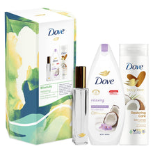 Load image into Gallery viewer, Dove Blissfully Relaxing Body Collection Gift Set with Room Fragrance Spray