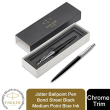Load image into Gallery viewer, Parker Jotter Ballpoint Pen Blue Ink Bond Street Black Medium Nib Gift Box