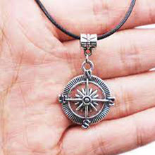 Load image into Gallery viewer, Black Leather Cord Tibetan Silver Charm Choker Pendant with Chain, Compass