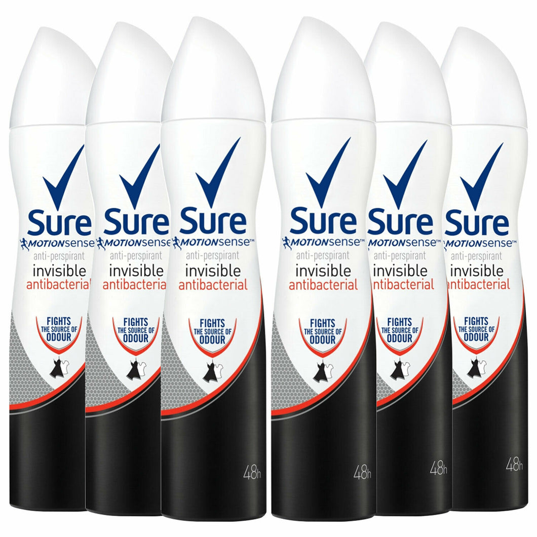 Sure Women Anti-Perspirant Body Spray, Invisible Antibacterial, 6 Pack, 150ml