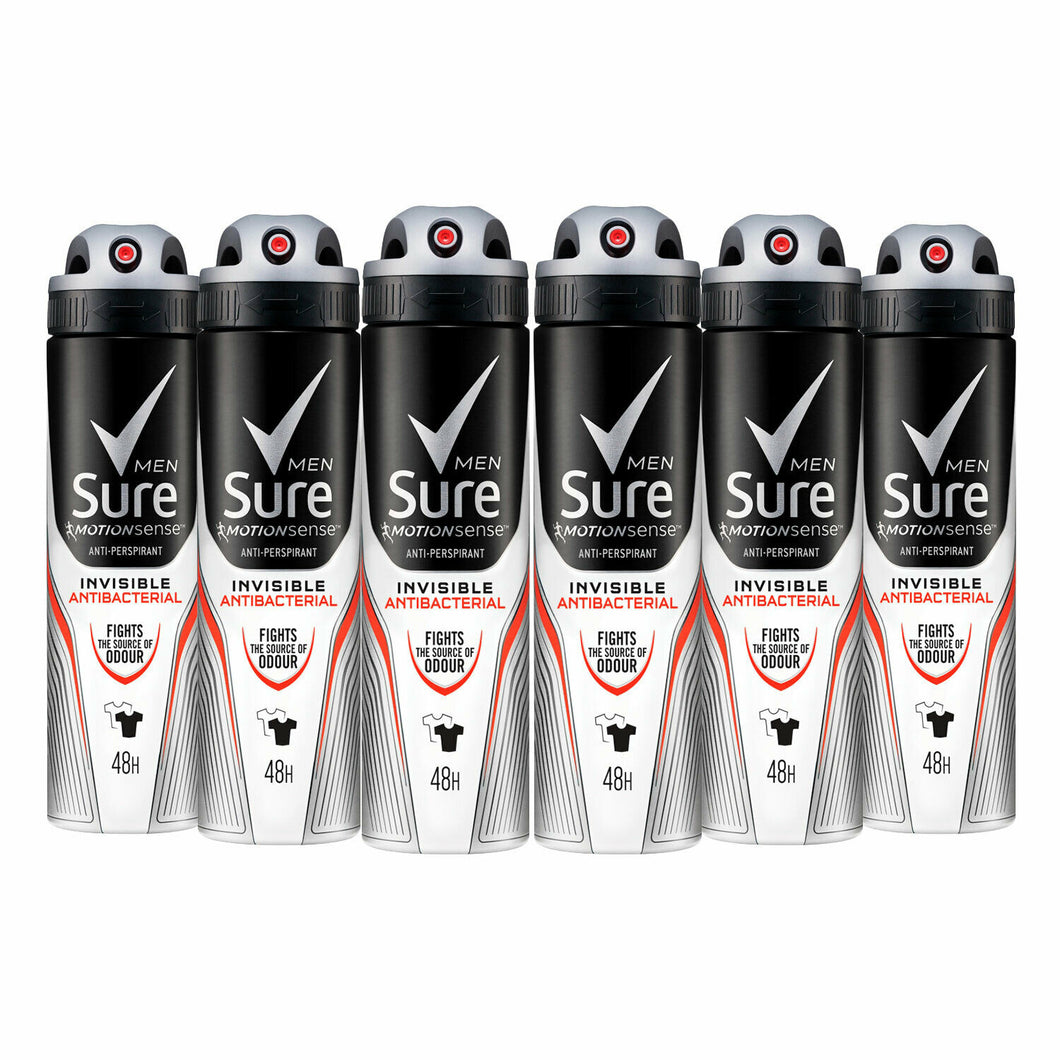Sure Men Anti Perspirant Invisible Antibacterial Deodorant, 6 Pack, 150ml