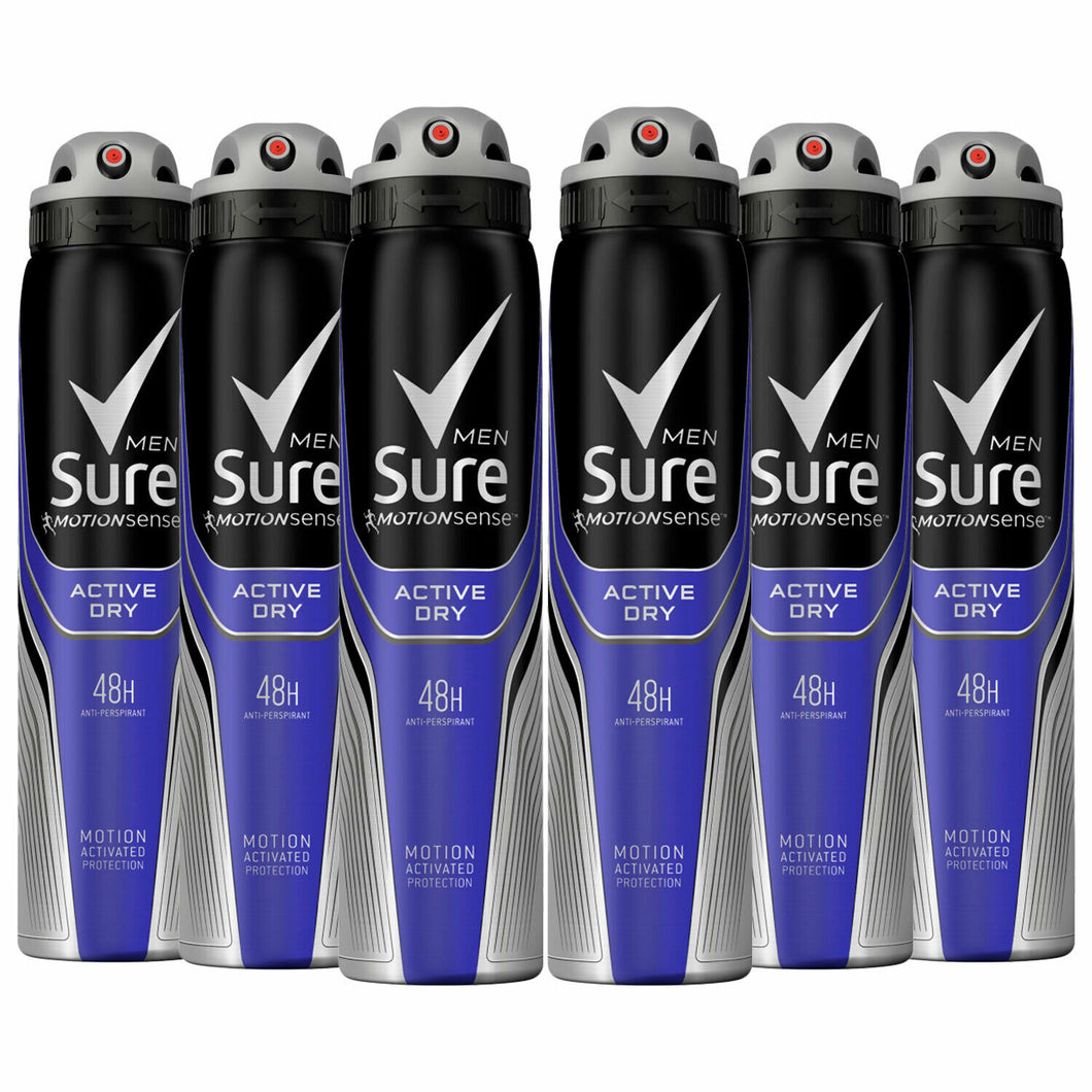 Sure Men Anti Perspirant 48H Protection Active Dry Deodorant, 6 Pack, 250ml