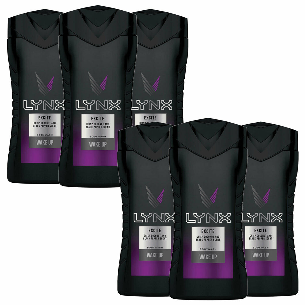 Lynx Wake Up Shower Gel Body Wash, Excite, 6 Pack, 250ml